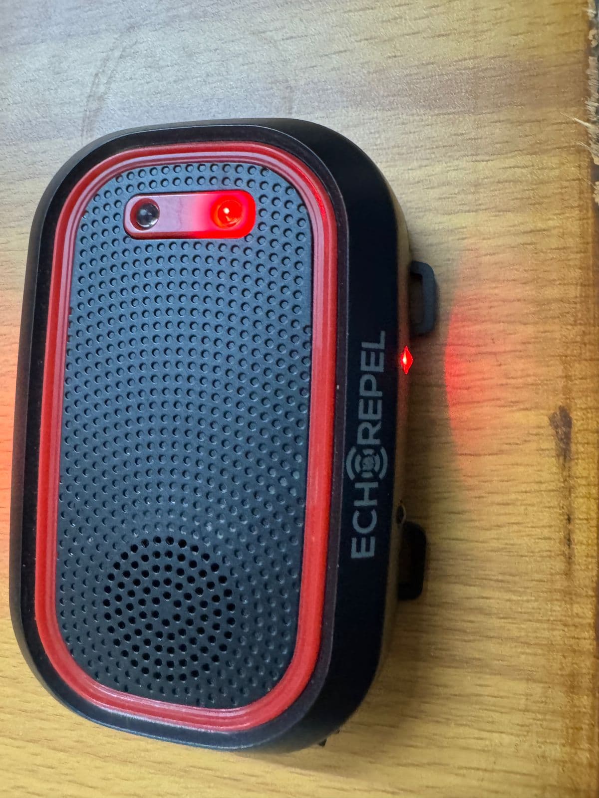 Karan's Echo Repel device with its indicator light active
