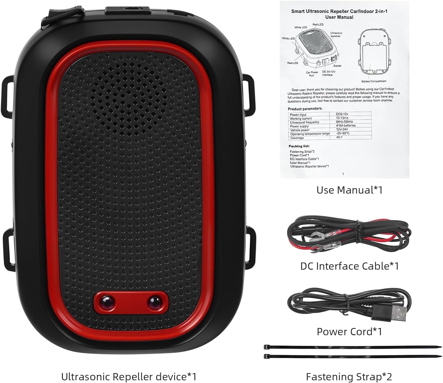 Echo Repel device with power cable, DC interface cable, manual and fastening straps