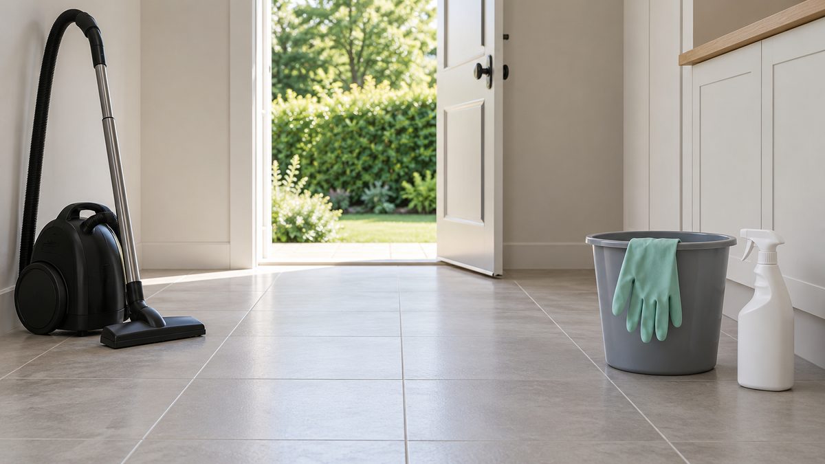 Rubber gloves, a plain spray bottle and bucket stand by an open utility room door, with a vacuum set aside.