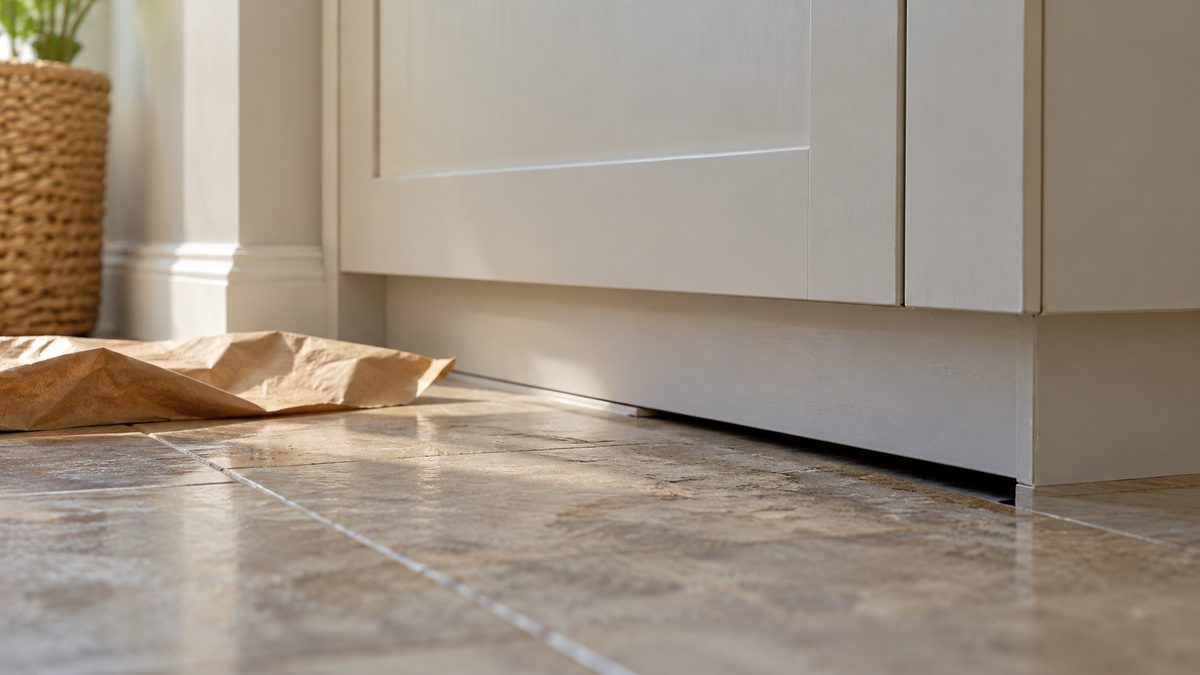 Soft daylight reaches a quiet cupboard corner with a small gap at the base and folded brown paper nearby.