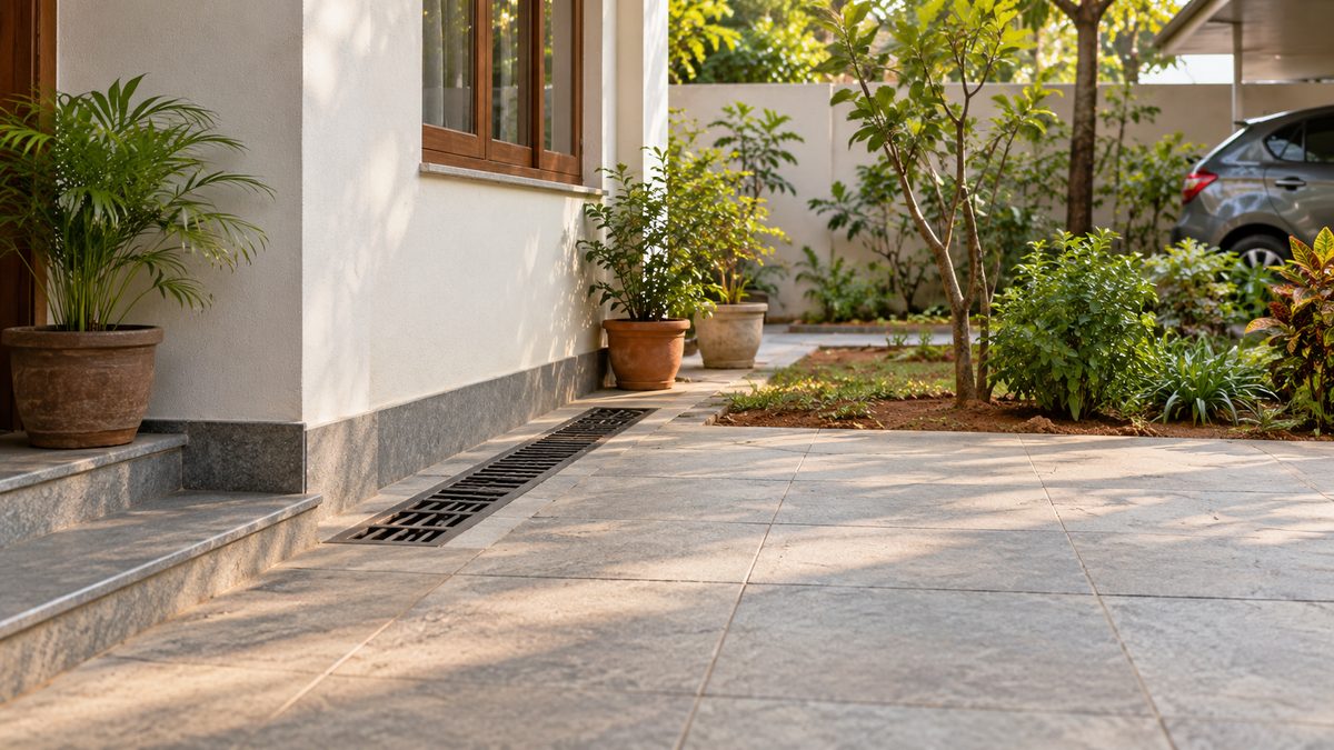 A covered drain grille borders a paved courtyard beside a plain plaster wall and a small patch of soil.