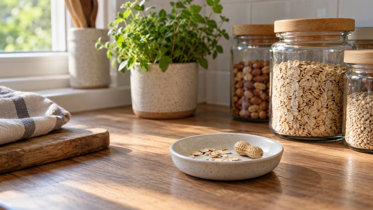A small ceramic dish of oats and a peanut rests on a kitchen worktop beside unlabelled pantry jars.
