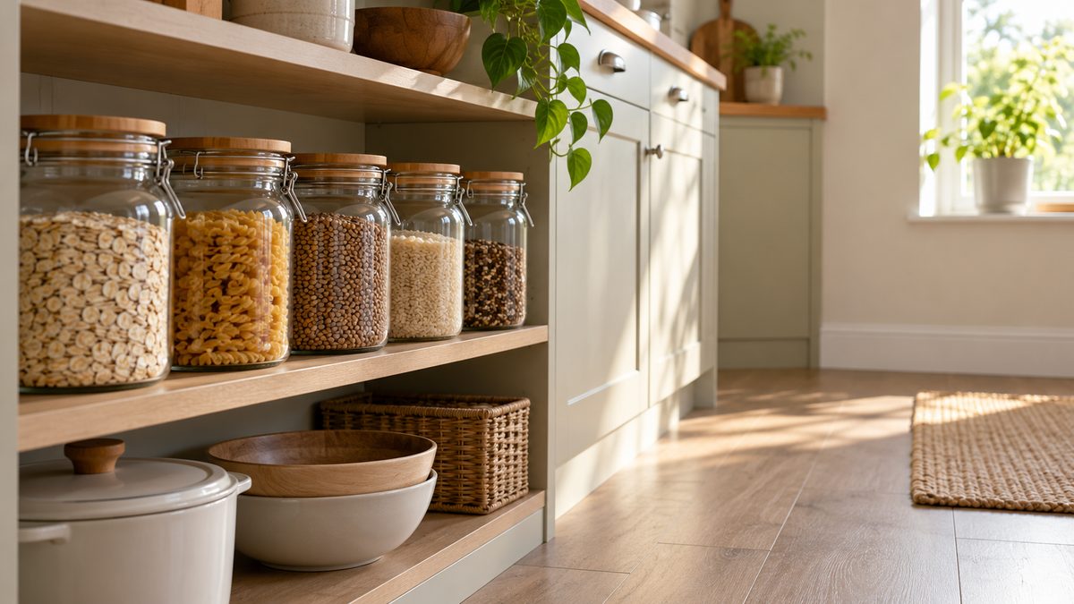 Sealed glass jars of dry food line an open kitchen shelf beside plain cabinets and a clean floor.
