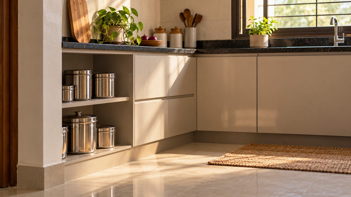 Lidded steel containers line a low shelf beside plain cabinets in a softly lit Indian kitchen.