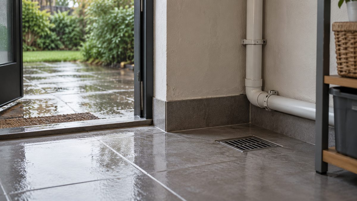 A clean floor drain and plain pipe sit beside a utility room doorway, with rainwater outside the threshold.