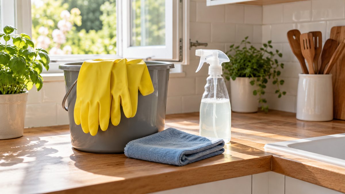 Rubber gloves, a spray bottle and folded cloth sit beside a bucket near an open kitchen window.