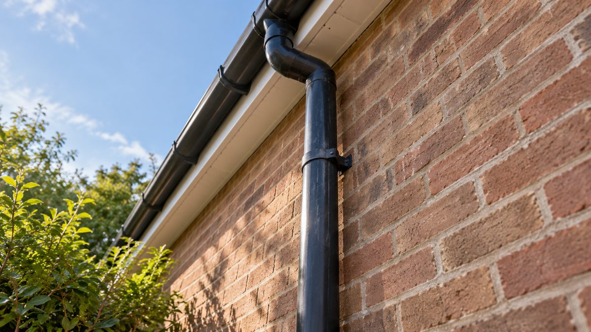 A rainwater pipe runs up a rough brick wall toward the roof eaves in soft daylight.
