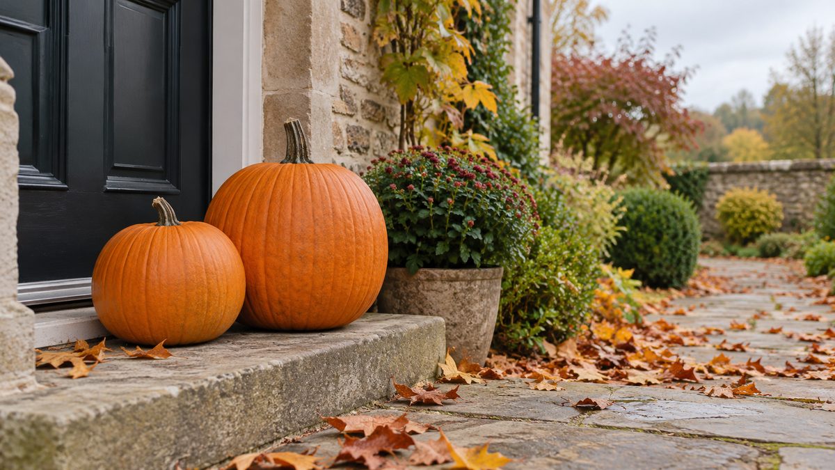 Two whole pumpkins rest on a stone doorstep beside scattered autumn leaves and a clean garden path.