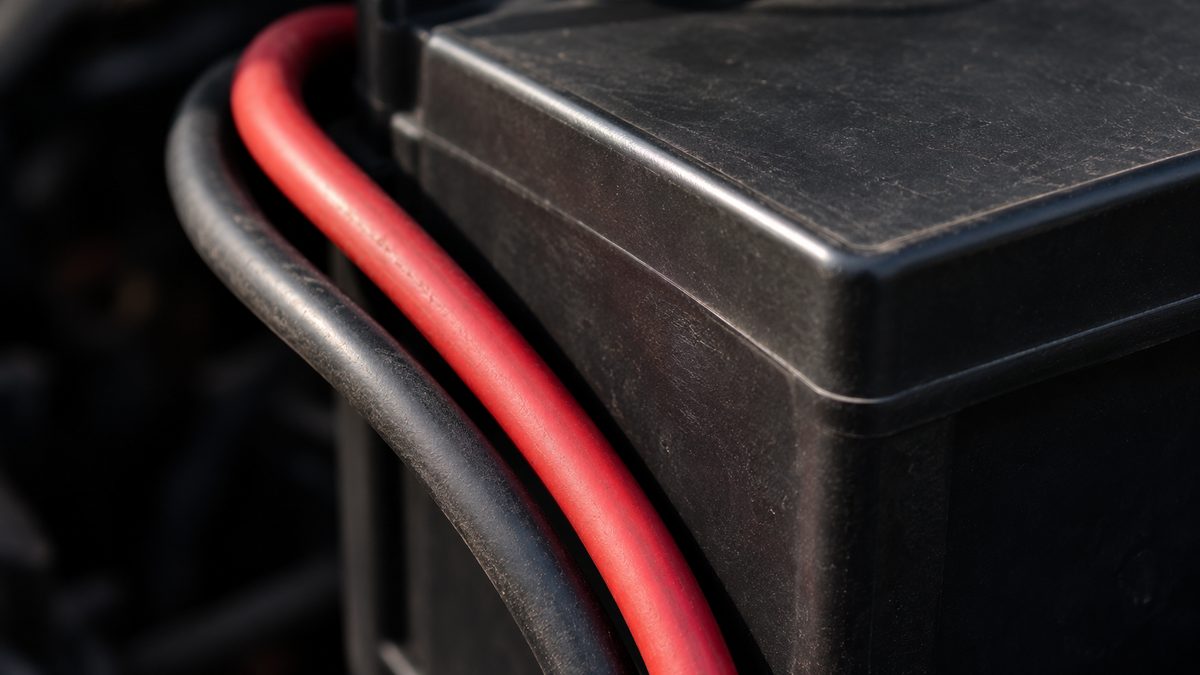 Red and black insulated cables curve beside the plain corner of a car battery in a shaded engine bay.
