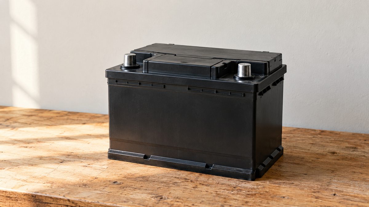 A plain black car battery with two metal terminals rests on a bare wooden workbench in soft window light.
