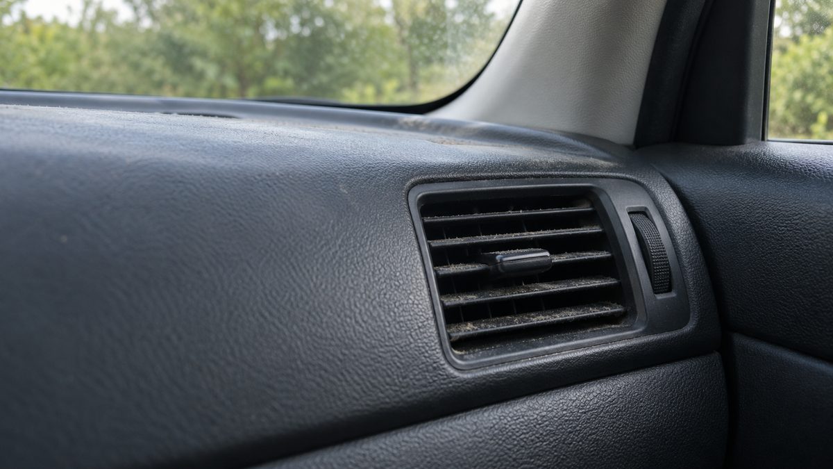 A dusty passenger-side air vent in a dark car dashboard, with green foliage visible through the glass.
