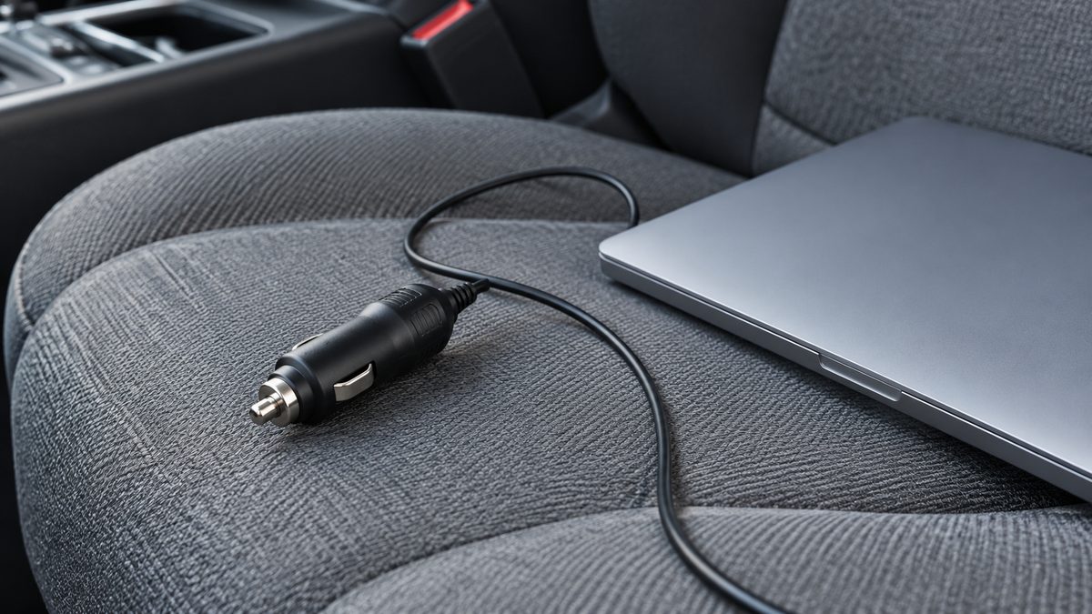 A plain car accessory plug and cable rest beside a closed laptop on a grey fabric passenger seat.
