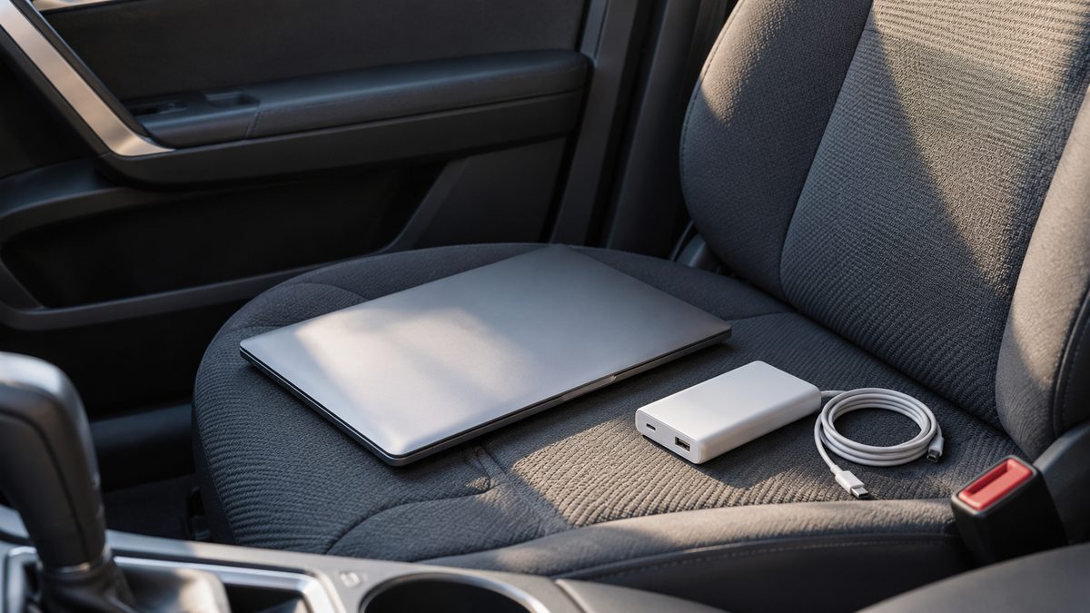 A closed laptop, plain power bank and coiled cable sit together on a car passenger seat.