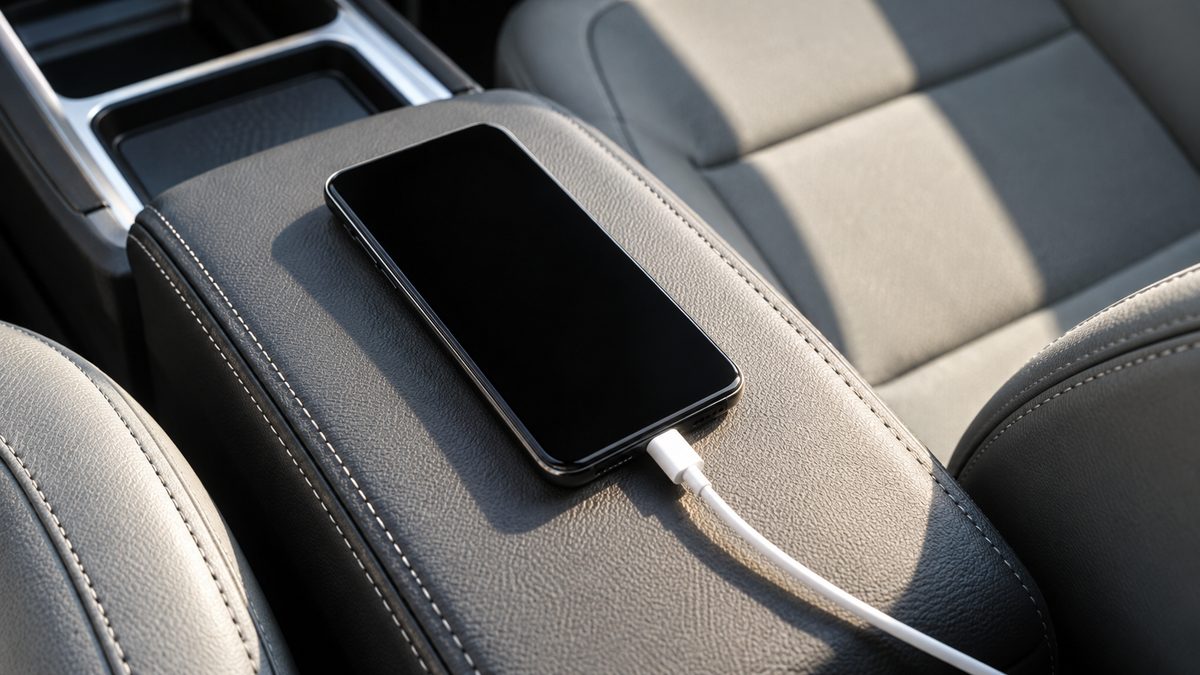 A phone with a blank dark screen rests on a car armrest with a charging cable attached.