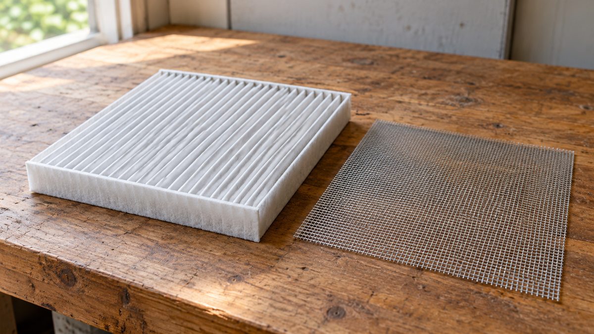 A pleated cabin air filter and a square of fine steel mesh lie on a wooden workshop bench.