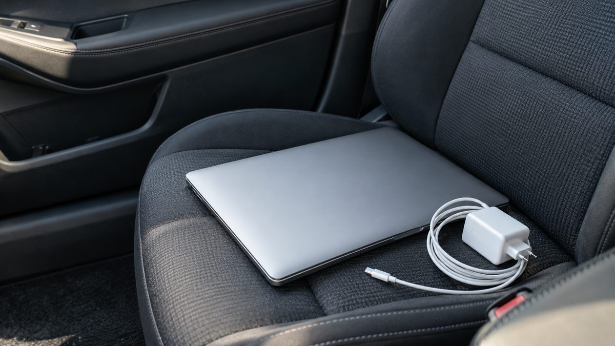 A closed laptop and plain charger lie on a passenger seat, with the cable loosely coiled beside them.