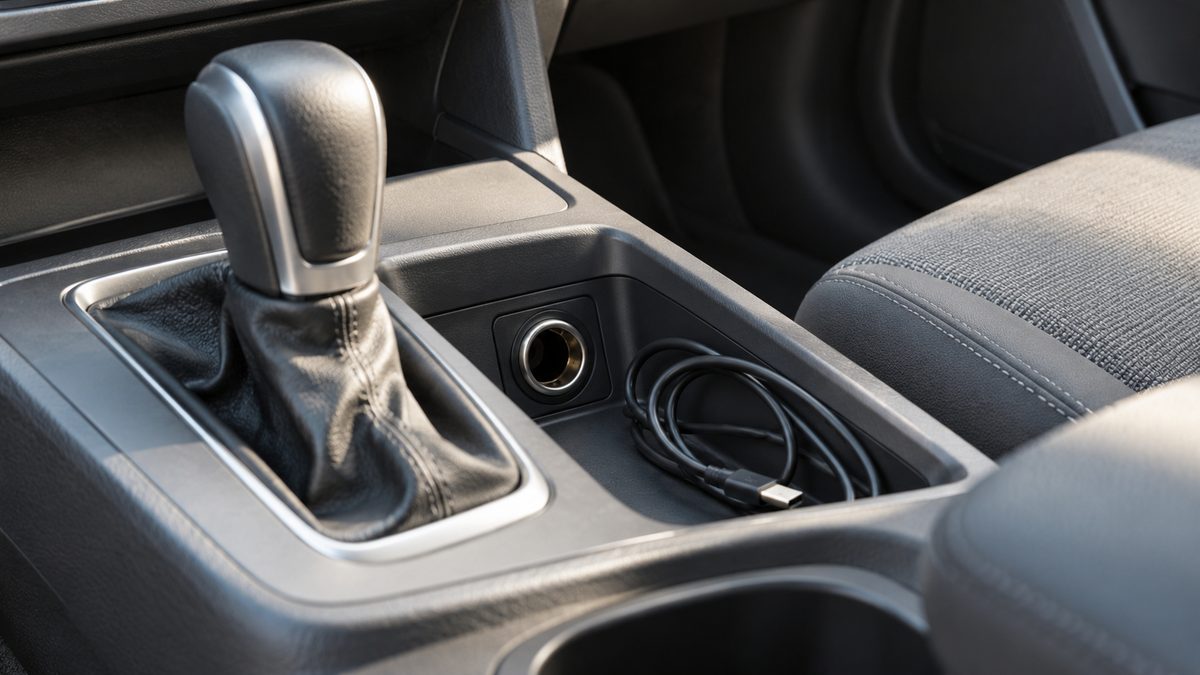 A plain car accessory socket sits beside a loosely coiled cable in a softly lit centre console.