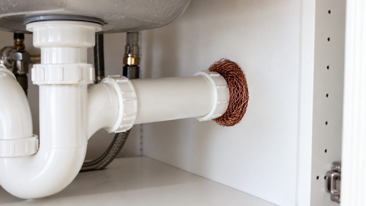 Copper mesh fills a gap around a pipe where it passes through the back of an under-sink cabinet.