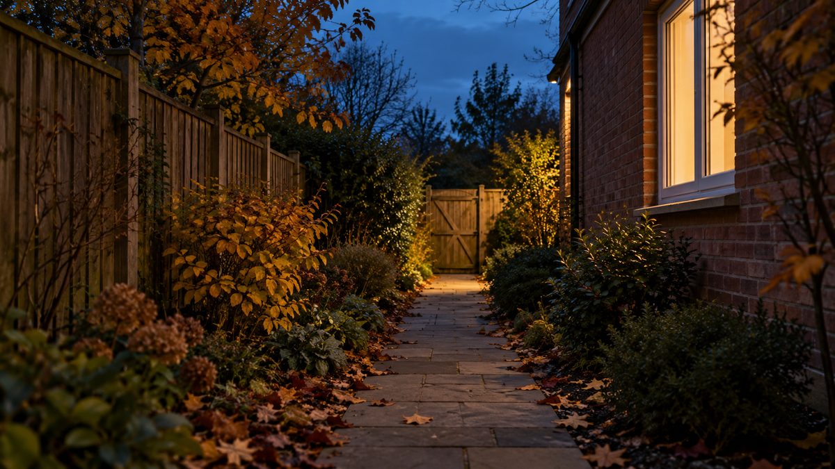 An empty garden path at dusk between a wooden fence and a brick house with a warmly lit window.