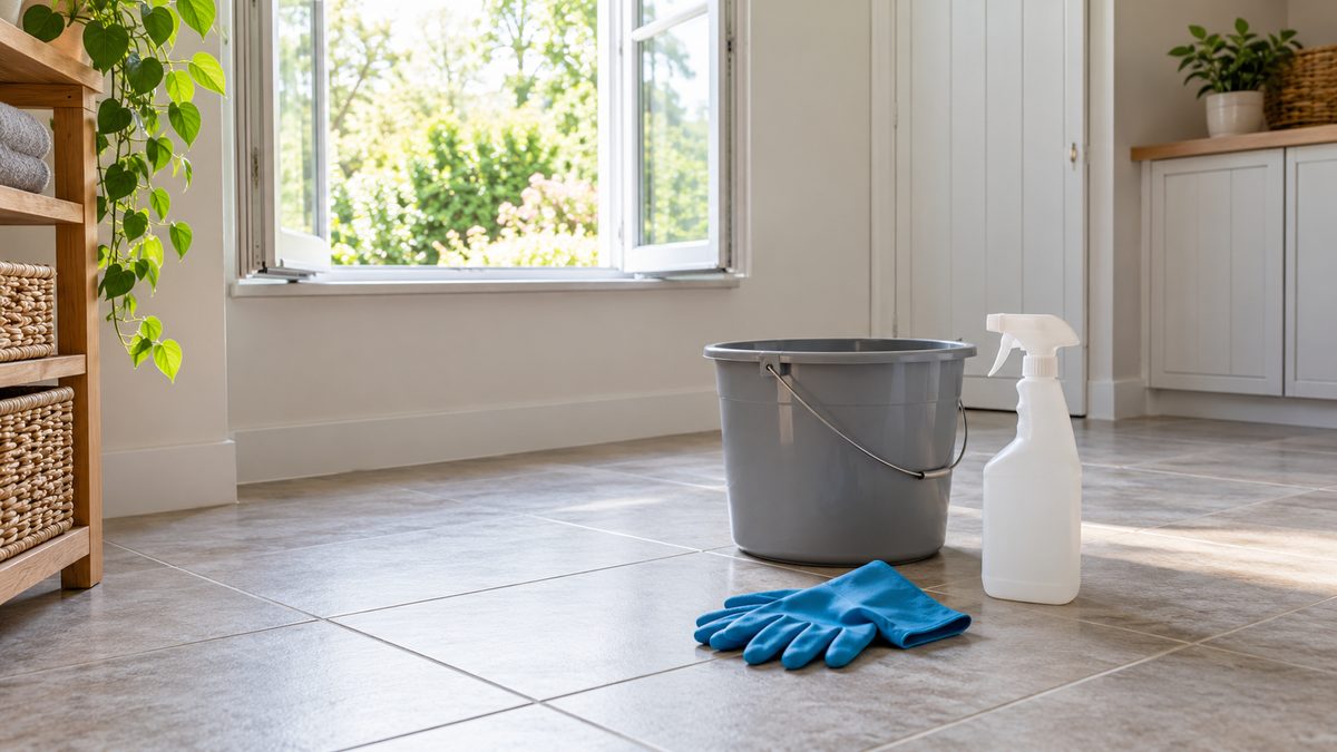 An open utility room window overlooks a clean floor with a bucket, gloves and an unlabelled spray bottle.