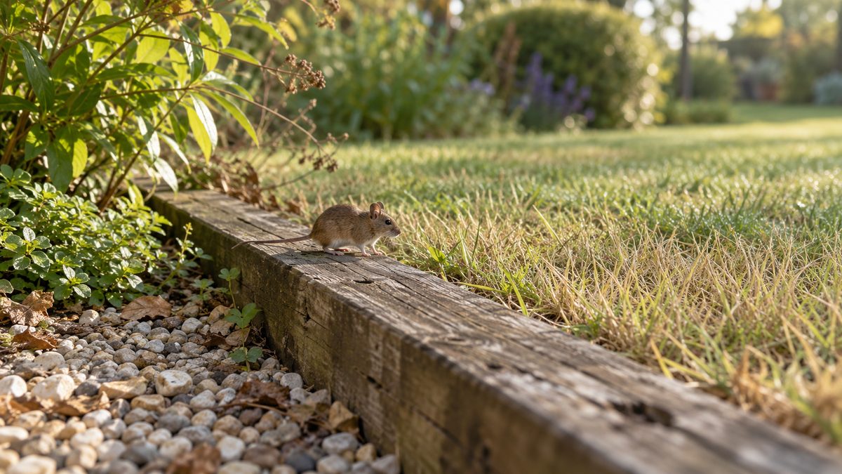 A small brown mouse stands on weathered timber beside dry garden grass in soft morning light.