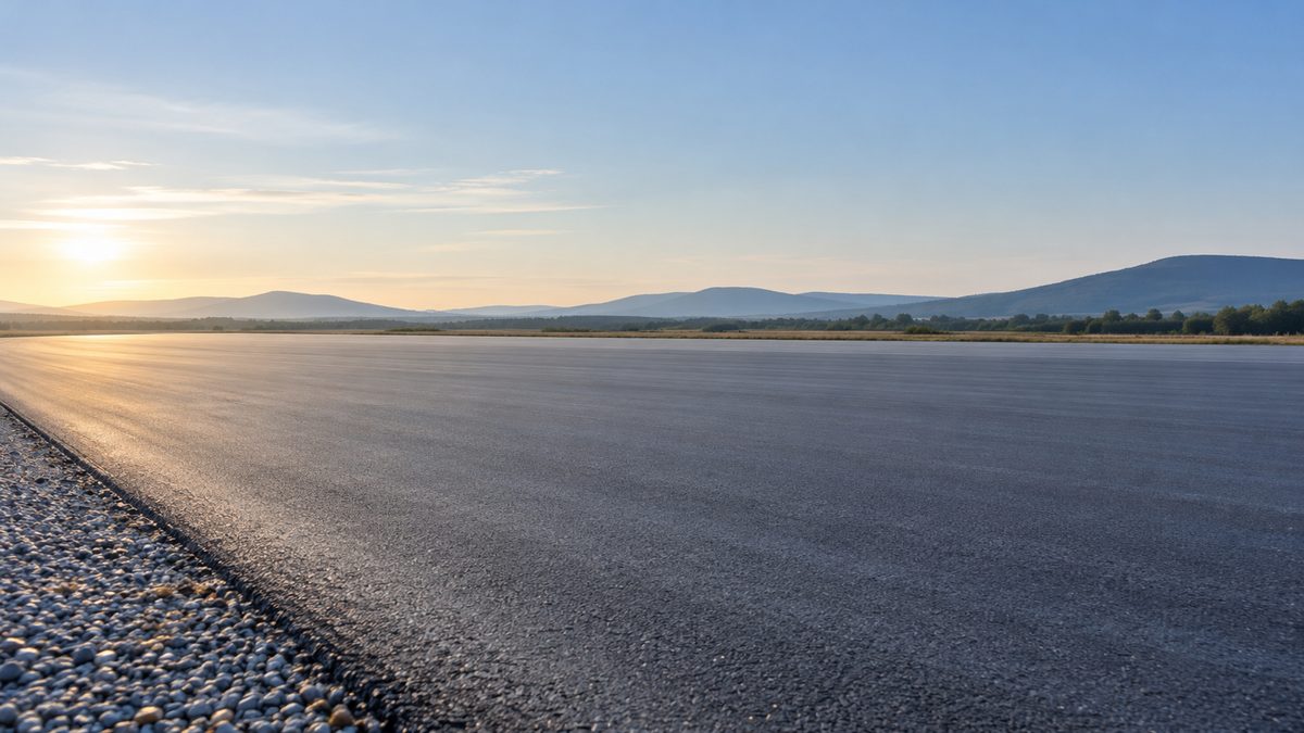 An empty asphalt test track stretches toward low hills beneath a pale, lightly clouded morning sky.