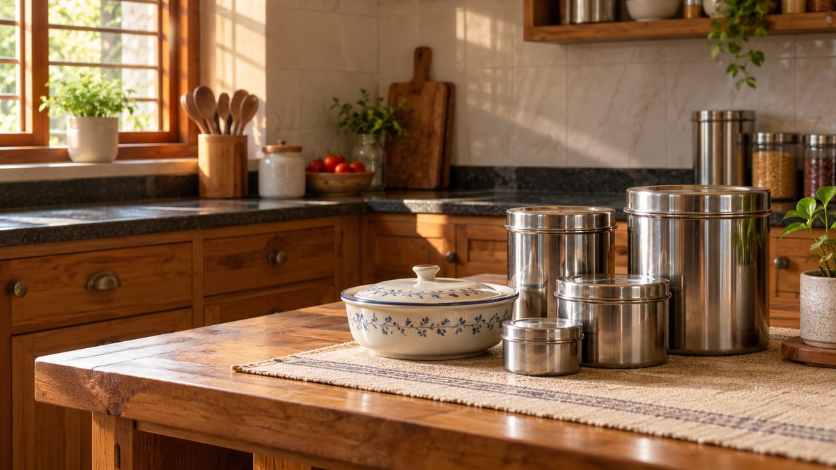 Sealed steel tins and a covered ceramic dish sit on a clean kitchen counter in warm window light.