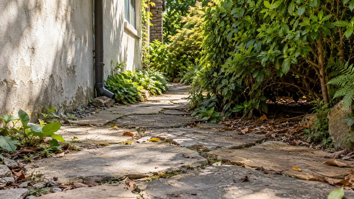 A sunlit stone garden path runs between a weathered house wall and dense shrubs with shaded ground beneath.