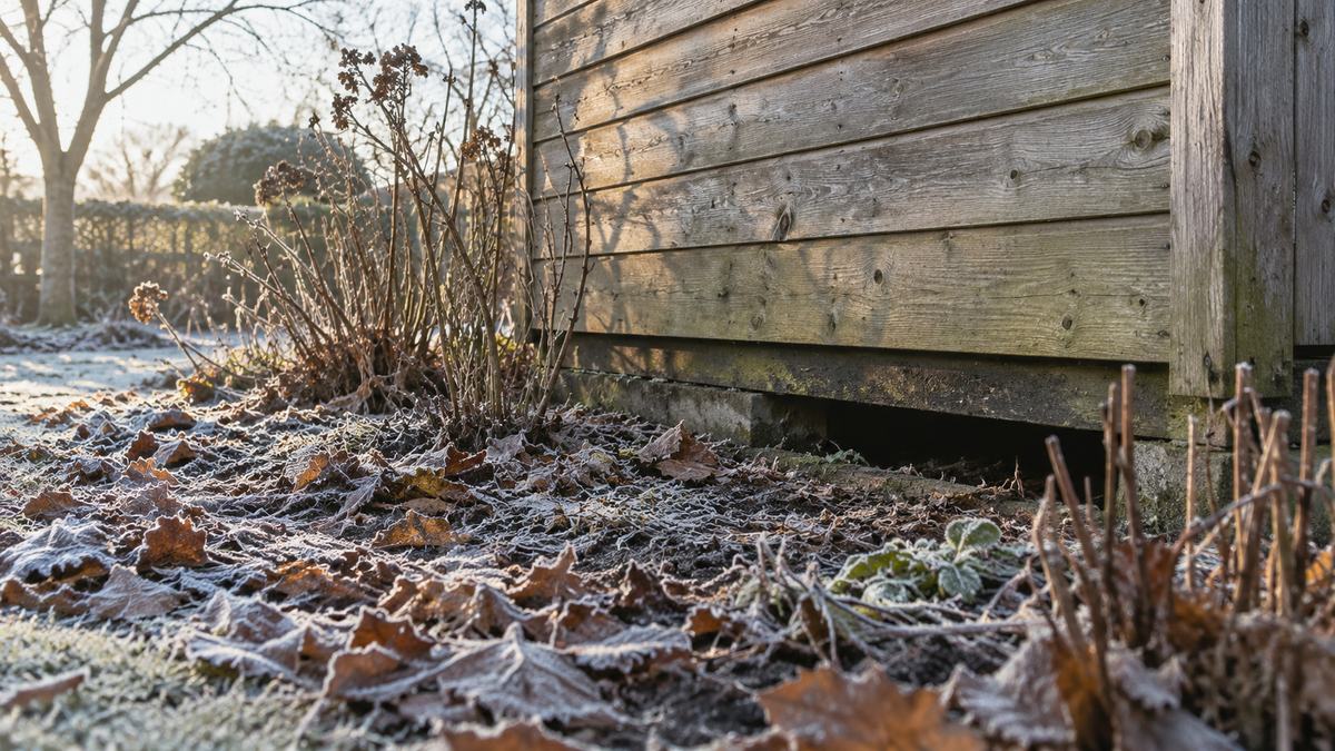 Frosty leaves lie beside a weathered garden shed with a small gap beneath its timber wall.