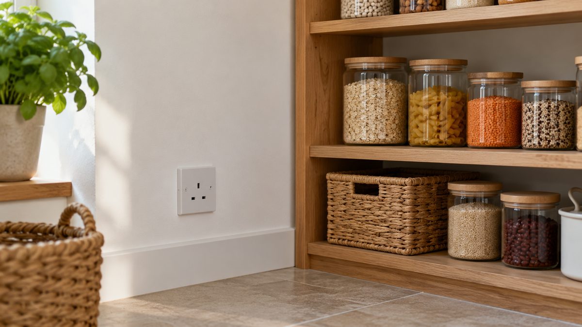 A bare wall socket sits beside a pantry shelf of sealed glass jars in a clean, naturally lit corner.