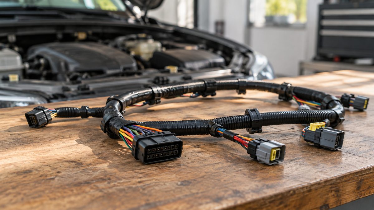 A plain automotive wiring loom rests on a workshop bench with a softly blurred bonnet edge behind it.