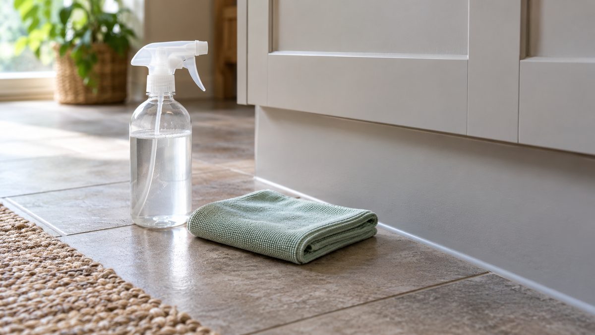 An unlabelled spray bottle and folded cleaning cloth rest beside a kitchen skirting board.