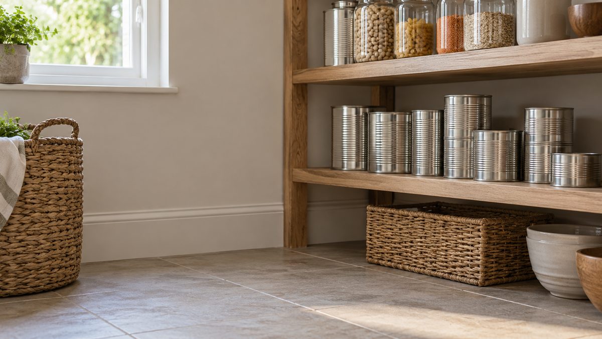 Closed steel food tins sit on a pantry shelf above a tidy skirting board and clear floor.