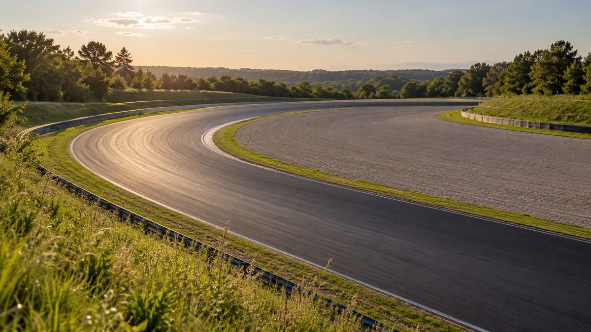 A wide, empty test circuit curves past a gravel runoff area and grassy banks in afternoon light.