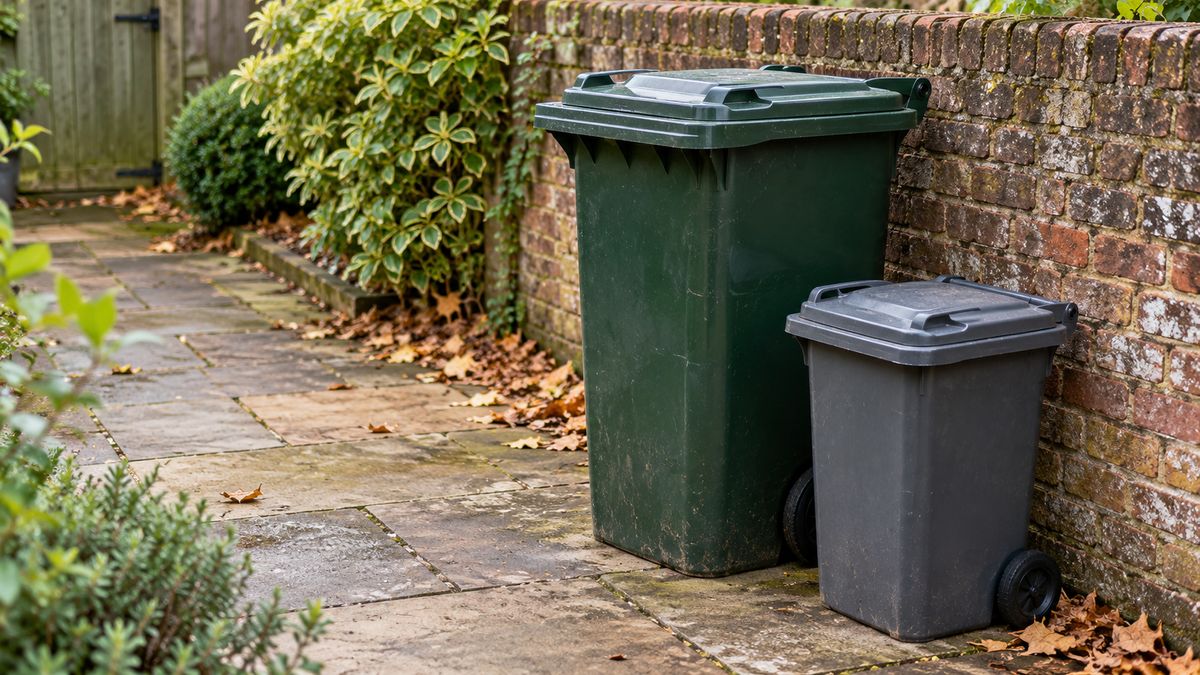 Two plain outdoor waste bins with closed lids stand on a paved garden courtyard beside a brick wall.