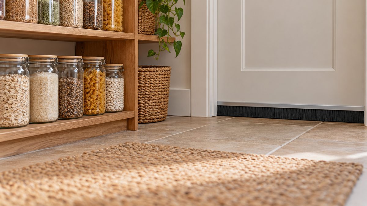 Sealed pantry jars sit near a plain doorway with a fitted brush strip above a clean tiled floor.