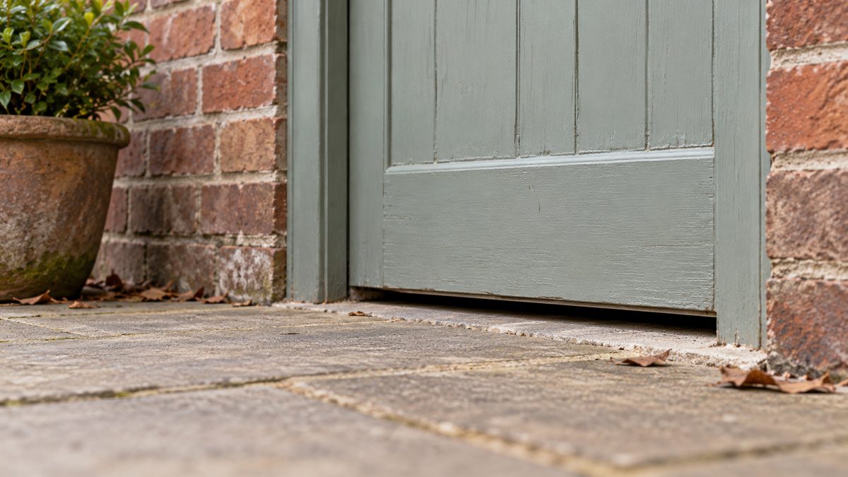 A narrow gap beneath a wooden side door opens onto paving beside plain brickwork and dry leaves.
