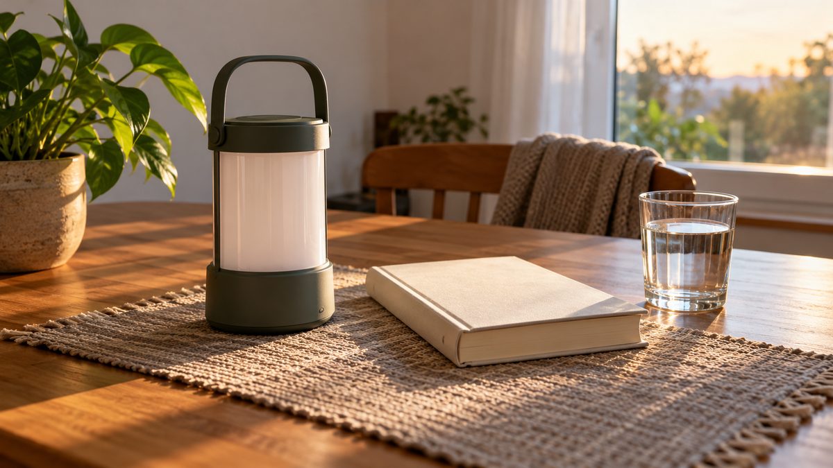 A plain lantern, blank closed book and glass of water rest on a table beside an afternoon-lit window.