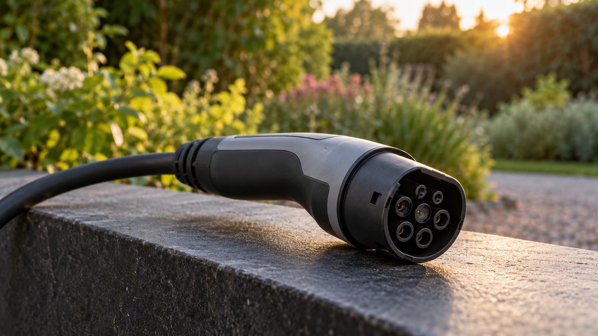 A plain charging connector rests on a dark ledge against a softly blurred garden in afternoon light.