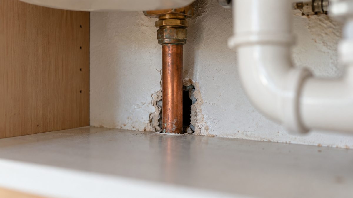 An unsealed gap around a copper pipe in the plaster wall inside an empty under-sink cupboard.