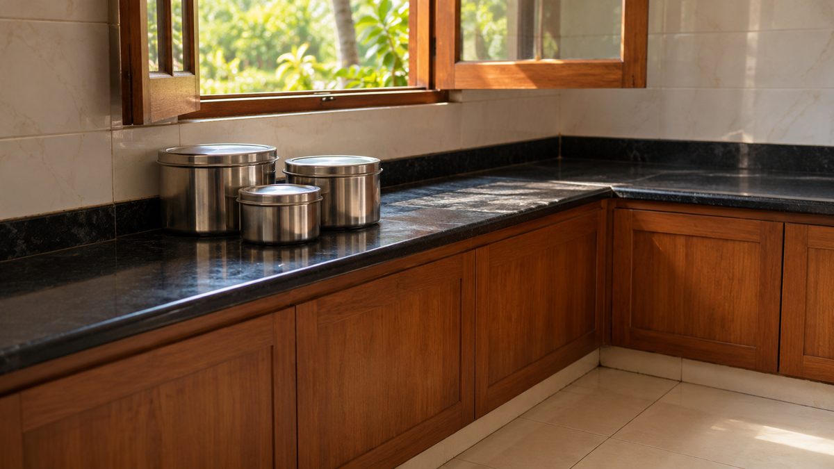 Plain lidded steel containers sit on a stone kitchen counter beneath an open wooden window.