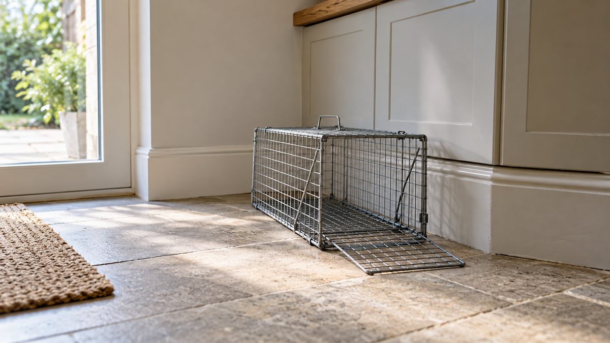 An empty wire capture cage with an open door sits beside a kitchen skirting board in soft daylight.