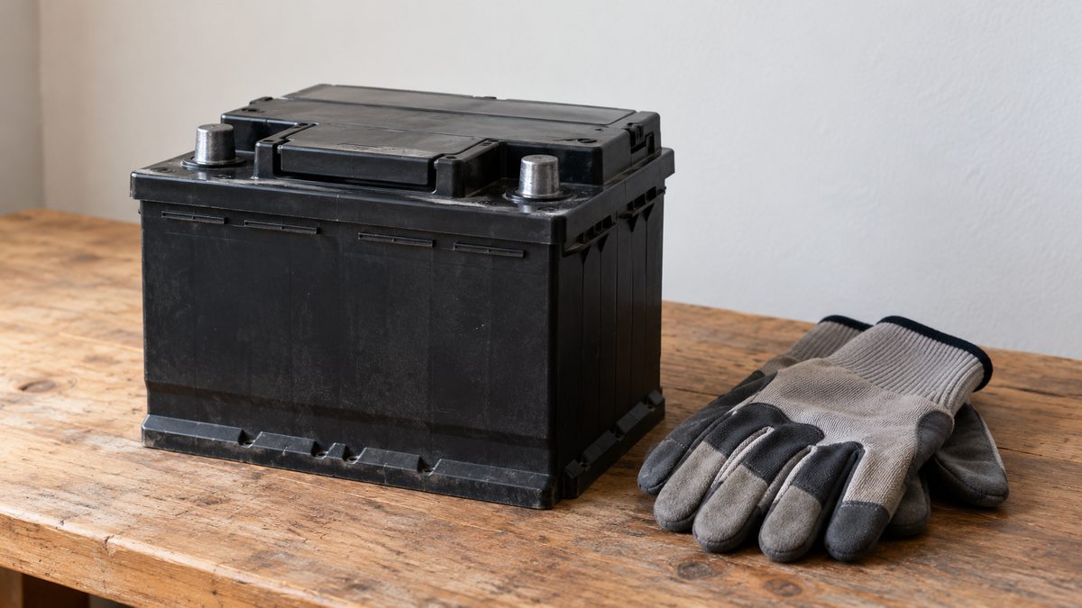 Clean work gloves lie beside a plain black car battery on a bare wooden workshop bench.