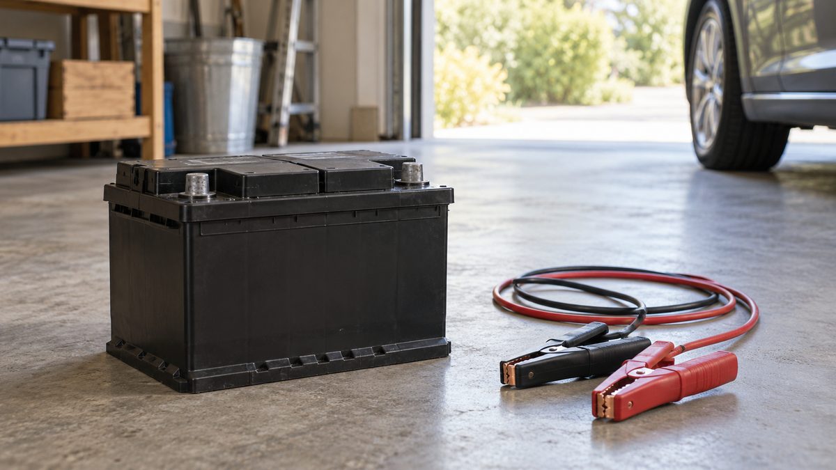 A plain black car battery stands beside coiled red and black leads on a naturally lit garage floor.