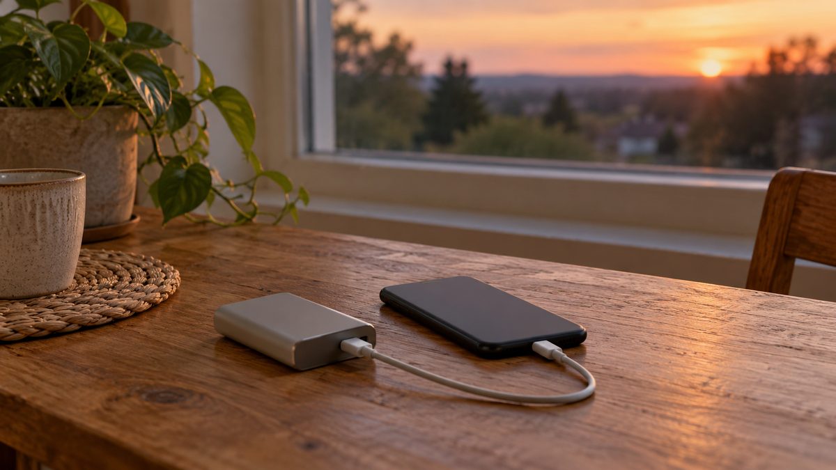 A phone with a dark screen connects by cable to a plain power bank on a wooden table beside a window at dusk.