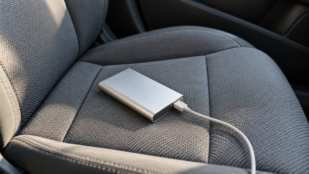A plain silver power bank connected to a cable rests on a fabric passenger seat in soft daylight.