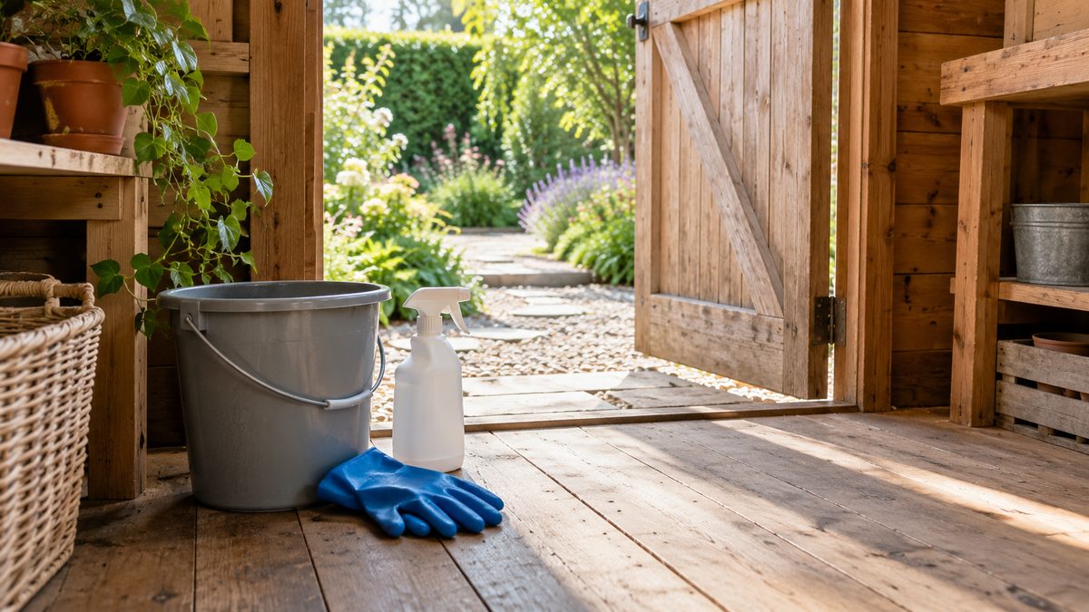 A bucket, blue rubber gloves and an unlabelled spray bottle sit by the open door of a wooden shed.
