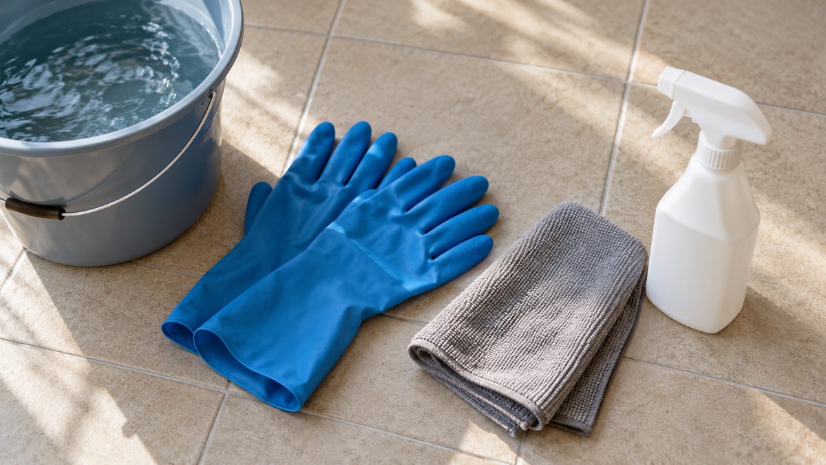 Blue rubber gloves, a folded cloth and a plain spray bottle lie on clean tiles beside a bucket.