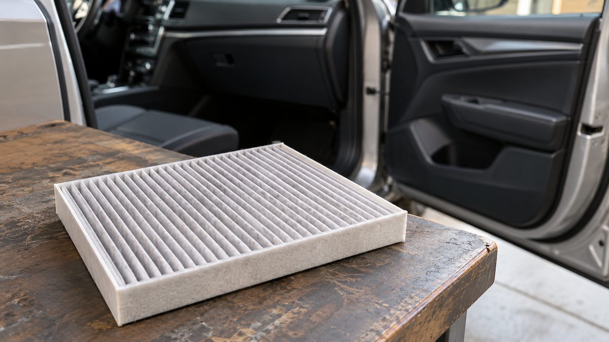 A plain pleated cabin air filter rests on a workshop bench beside the open passenger door of a car.
