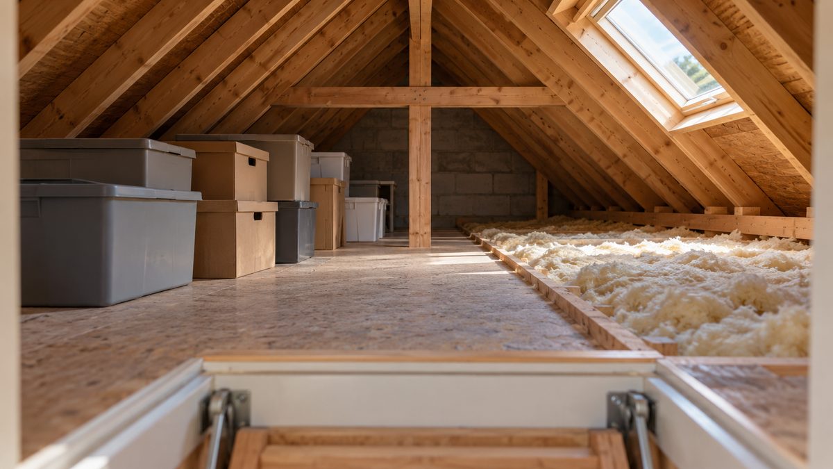 A loft hatch opens onto timber beams, pale insulation and plain closed storage boxes in soft daylight.